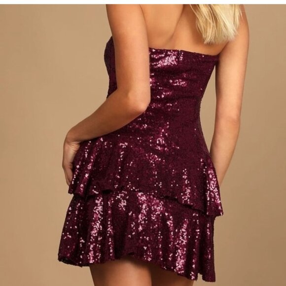 LULUS ON THE INVITATION BURGANDY SEQUIN MINI DRESS MED - Picture 3 of 7